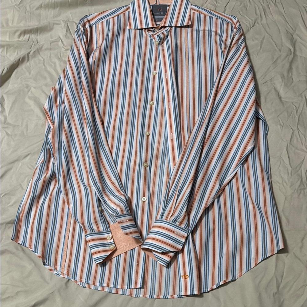 Thomas Dean Blue and White Dress Shirt Classic Stripes